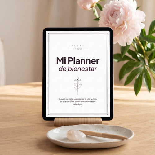 Mi Planner de Bienestar Aluna en tablet, ambiente de autocuidado